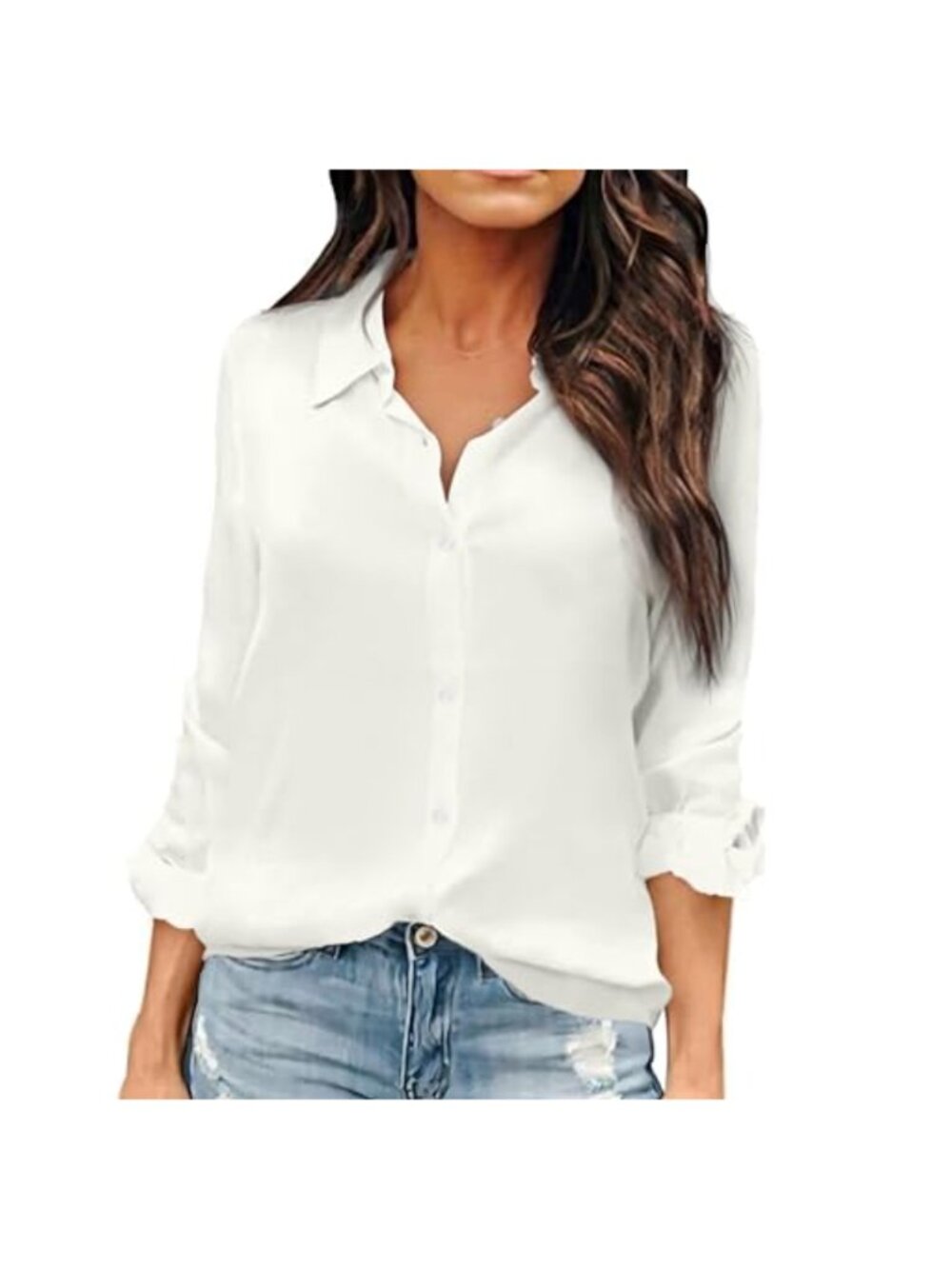 Women's Long Sleeve Chiffon Blouse V Neck Office Button Down Top